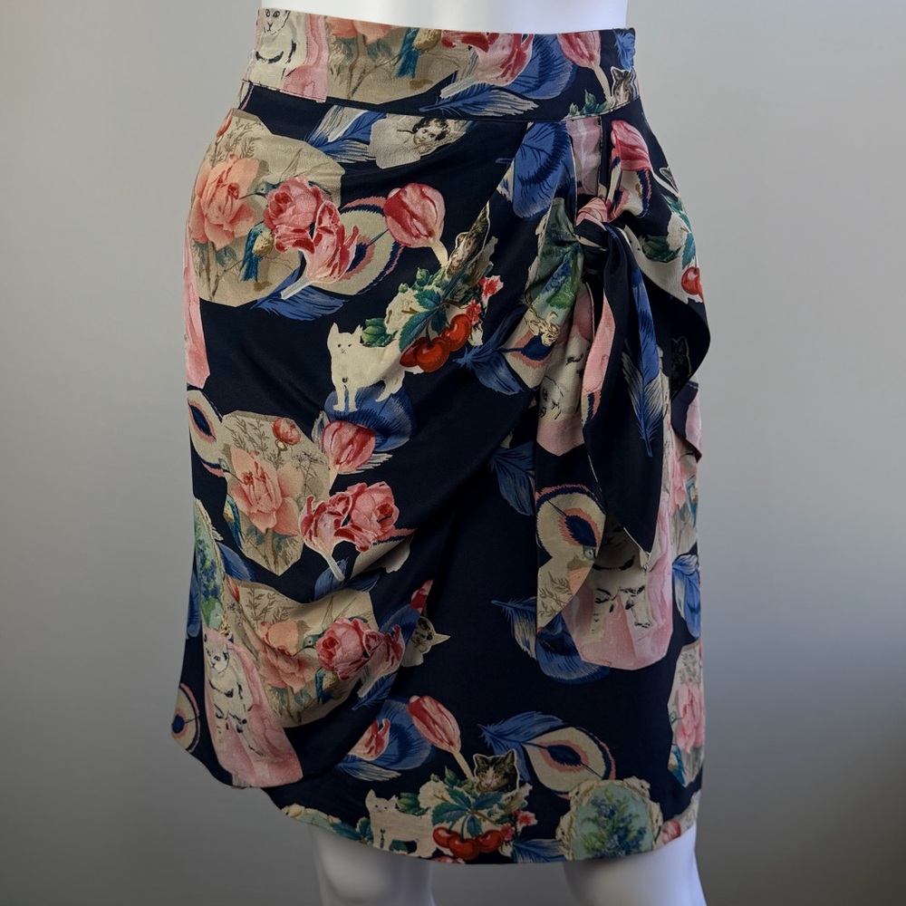 Anthropologie Rebecca Minkoff Cat Floral Faux Wrap Skirt 100% Silk Navy Sz 6